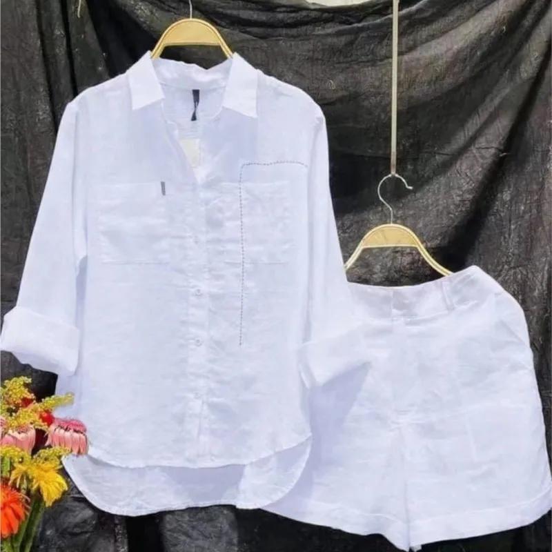 Ensemble d'été 2 pièces en coton et lin pour femmes, chemise et short blancs à manches longues, à la
