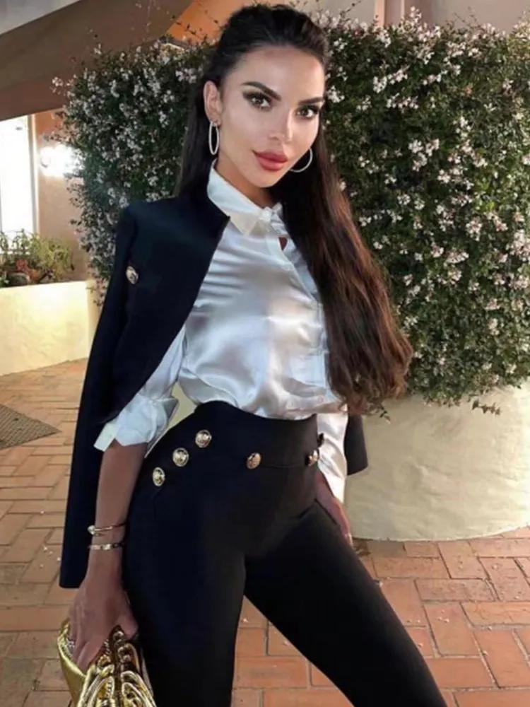 Nouveau Style d'automne couleur noire femmes à manches longues bouton rayonne Bandage manteau pantal