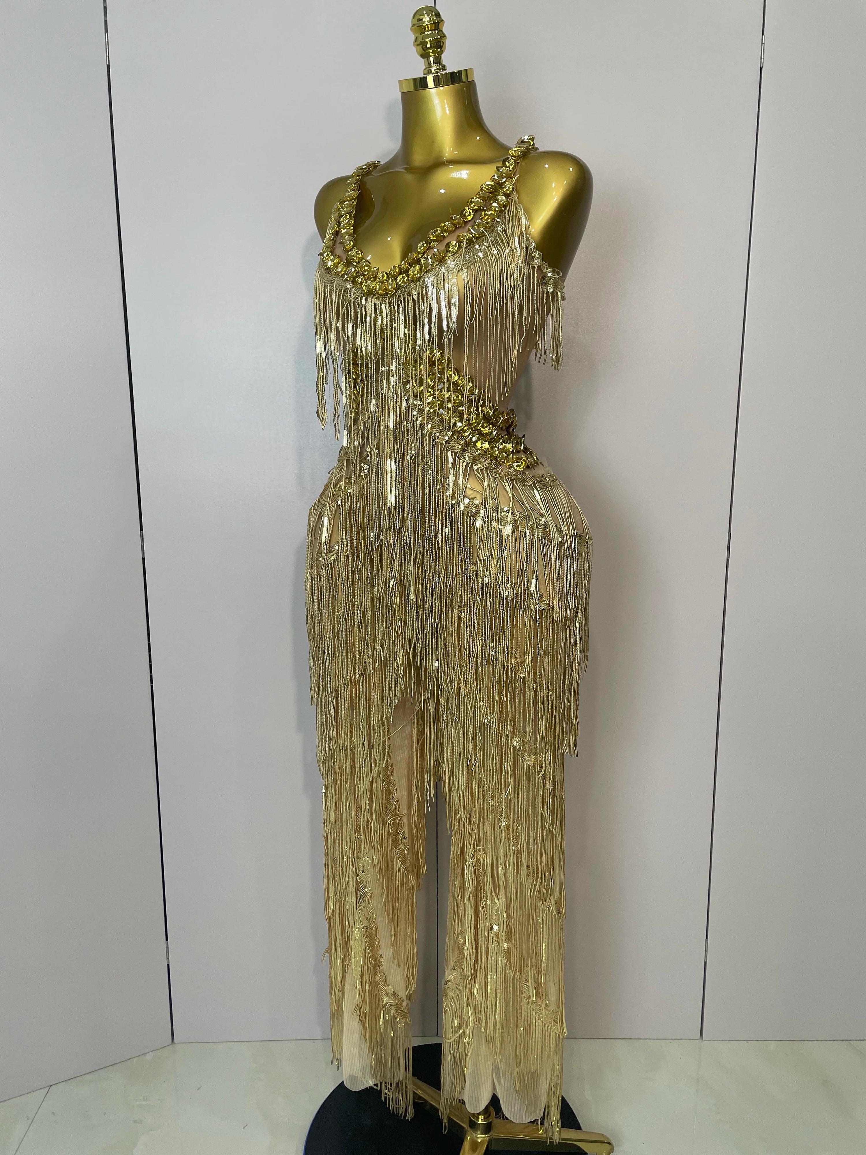 Combinaison à jambes larges pour femmes, strass dorés brillants, franges pailletées, tenue de soirée