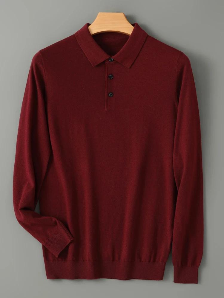 Printemps automne hommes chemise mérinos peigné laine tricoté pull à manches longues col Polo vêteme