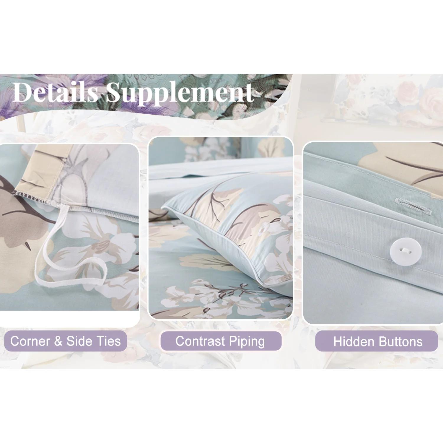 Ensemble de housse de couette 3 pièces 600TC 100% coton égyptien, feuilles de luxe bleues florales,