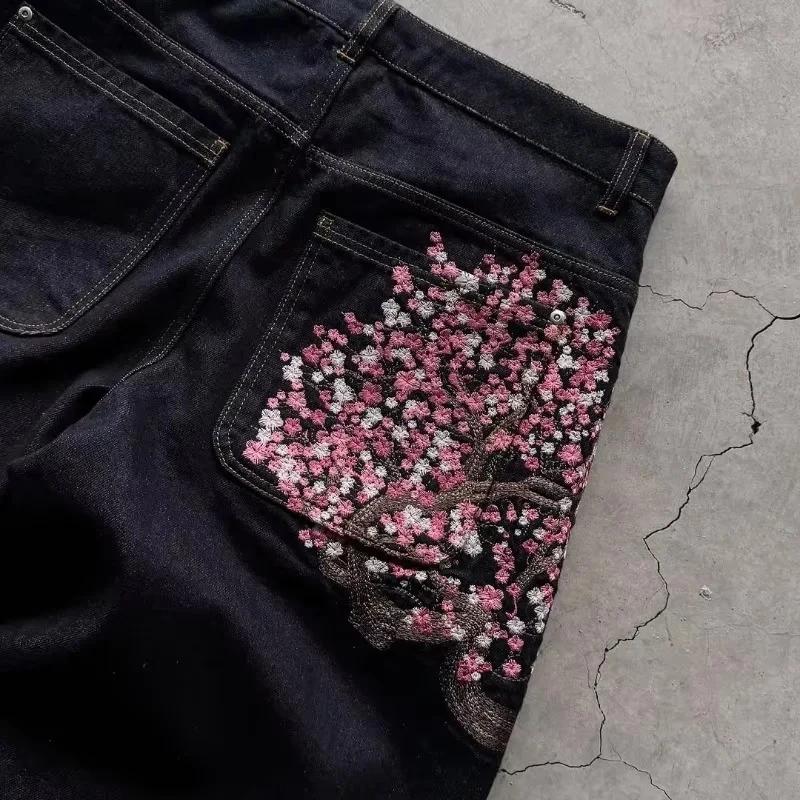 Y2K Harajuku jean Goth vintage fleur de prunier motif brodé pantalon à jambes larges hommes femmes d