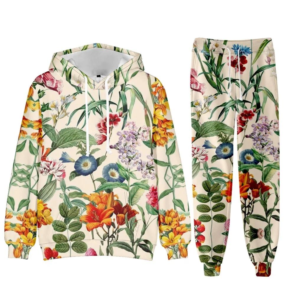 Survêtement chic et floral pour femme, tenue de sport élégante, sweat à capuche, pantalon de survête