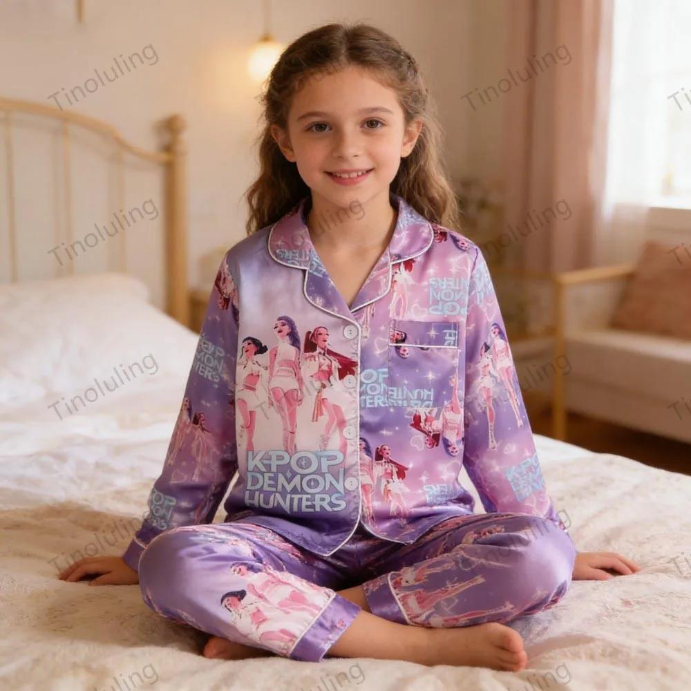 Ensembles de pyjamas pour filles en satin à manches longues rose et violet, pyjamas pour enfants Kpo