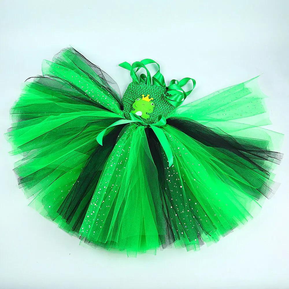 Robes de princesse grenouille verte scintillante pour petites filles, déguisement d'anniversaire pou