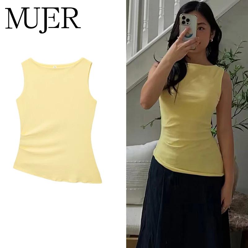 MUJER jaune froncé haut femme asymétrique débardeurs hauts pour femmes 2025 été haut sans manches fe