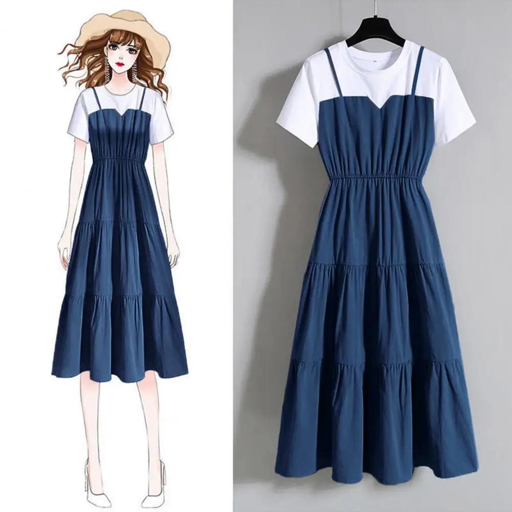 Fausse robe deux pièces à bretelles pour femmes, manches courtes, robe serrée à la taille, mode, été
