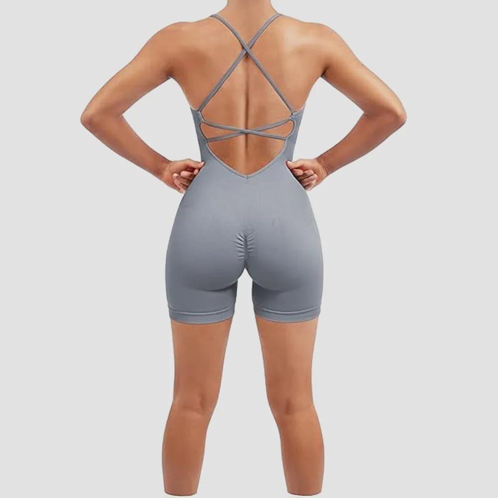 Combinaison de sport sexy pour femme, justaucorps de yoga une pièce, short froncé, dos nu, ajustable