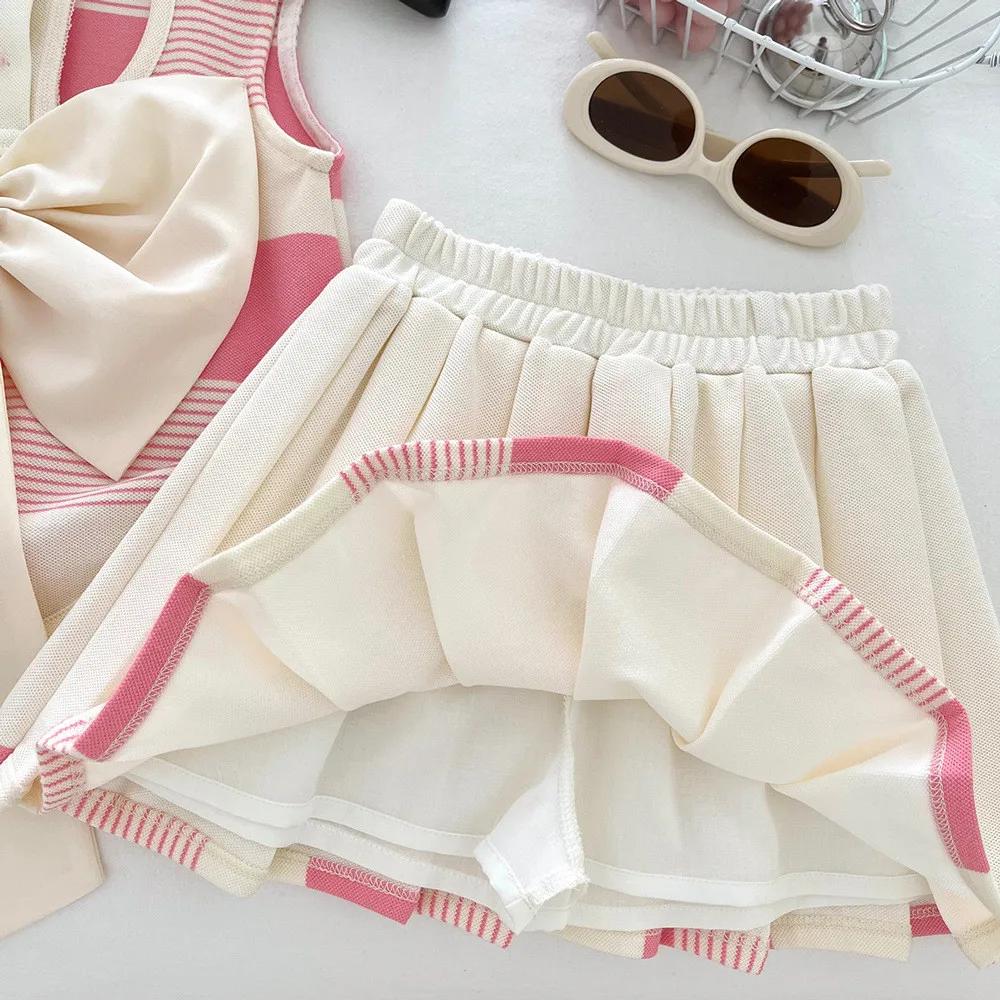 Vêtements roses pour filles de 2 à 9 ans, T-shirt rayé imprimé amour + jupe plissée, ensemble 2 pièc