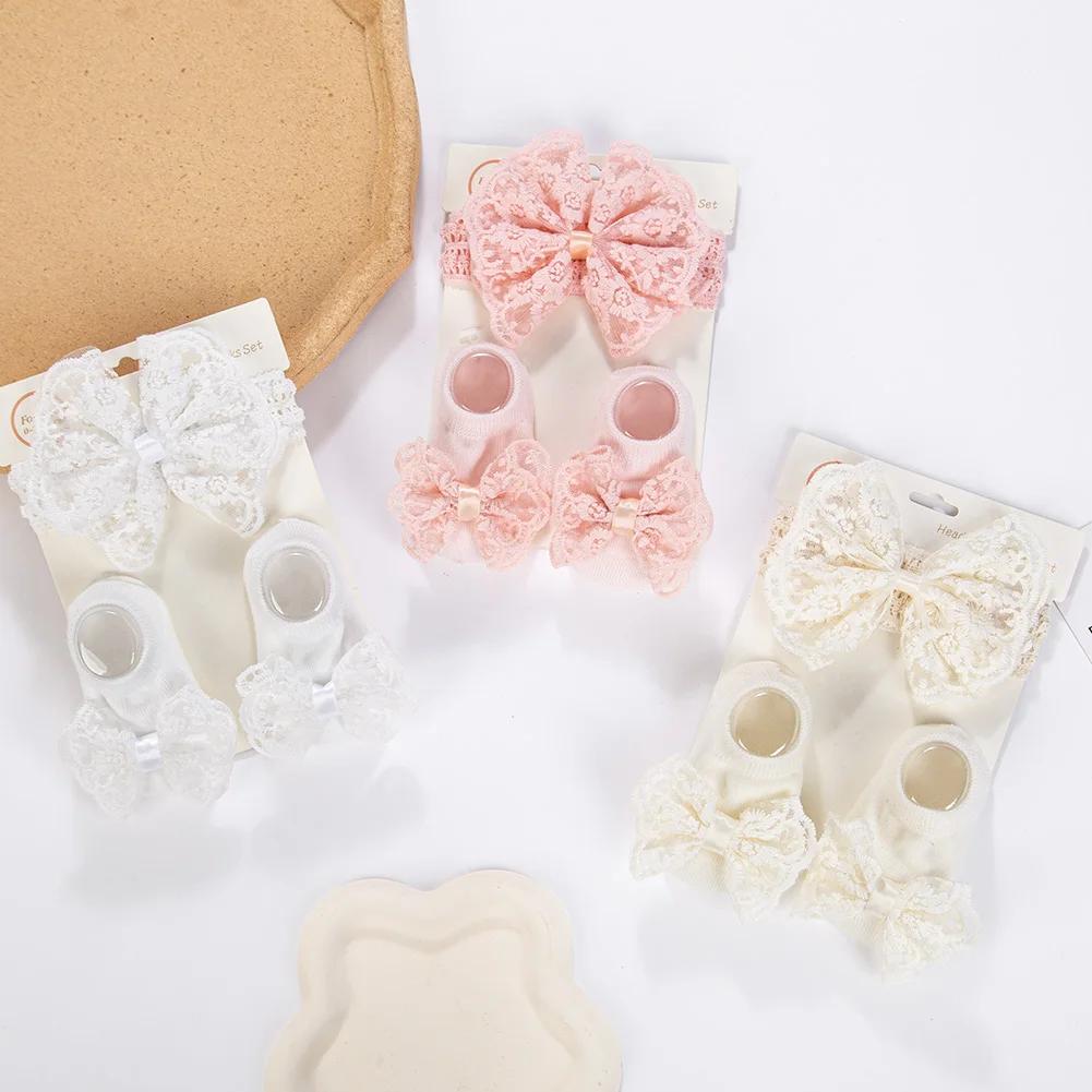 3 pièces/ensemble crème dentelle bébé bandeaux et chaussettes nouveau-né princesse filles large stra
