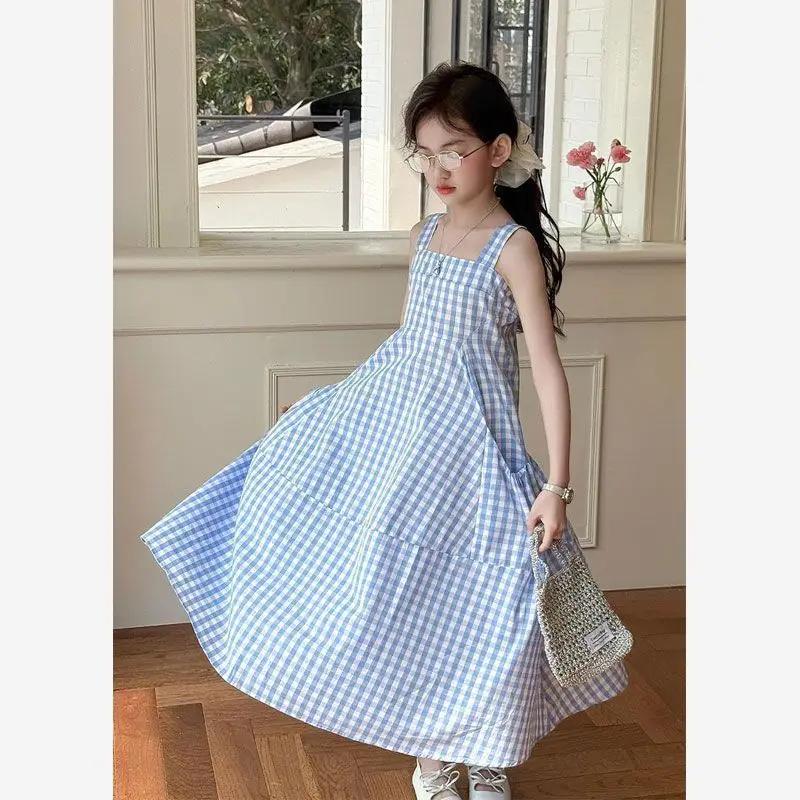 UNITIM – robe d'été sans manches pour filles, en coton, à carreaux bleus, pour enfants de 4 à 14 ans
