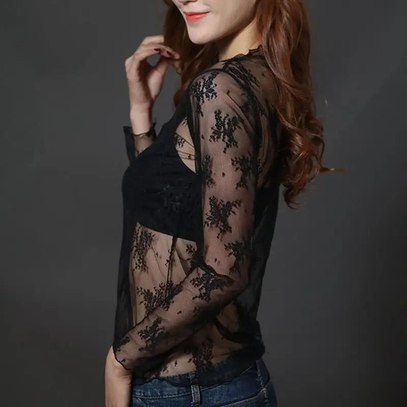 Chemisier à fond en dentelle pour femmes, T-shirt à manches longues en maille, haut court, Style étr