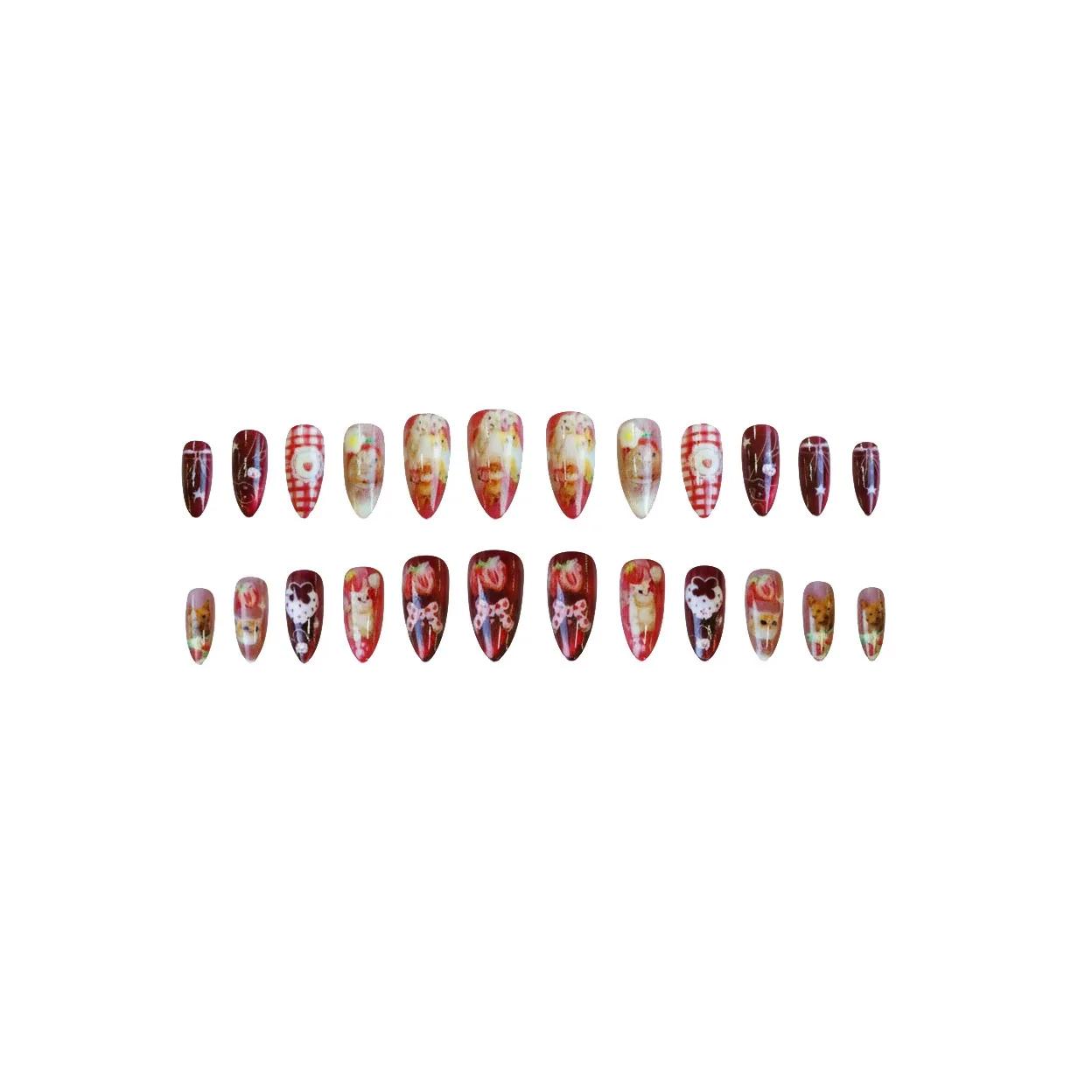 24 pièces fraise oeil de chat presse sur ongles japonais Vintage Style amande faux ongles mignon cha