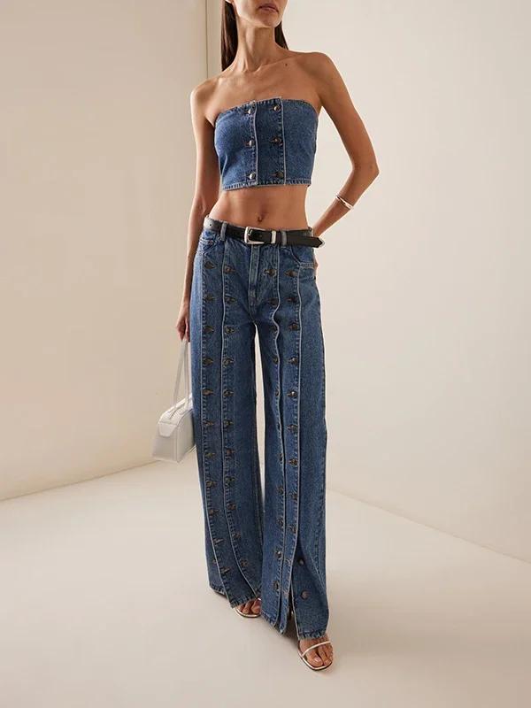 Femmes printemps automne élégant bouton jean pantalon 2025 nouveau Vintage Denim Long Vintage pantal