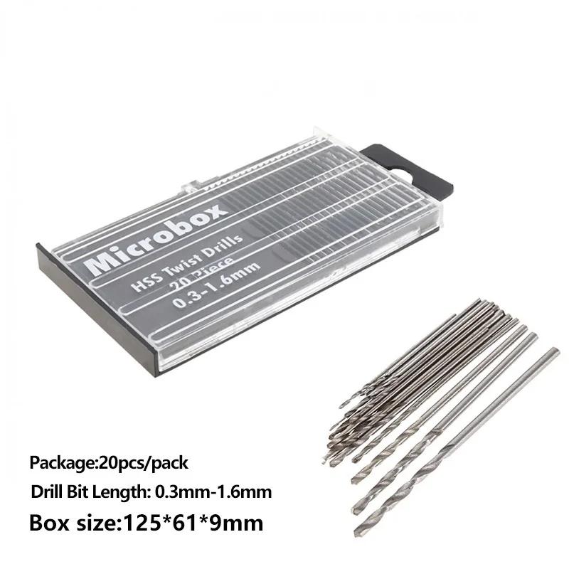 20 pièces/ensemble 0.3mm-1.6mm Mini jeu de forets hélicoïdaux en acier rapide ensemble de forets Mic