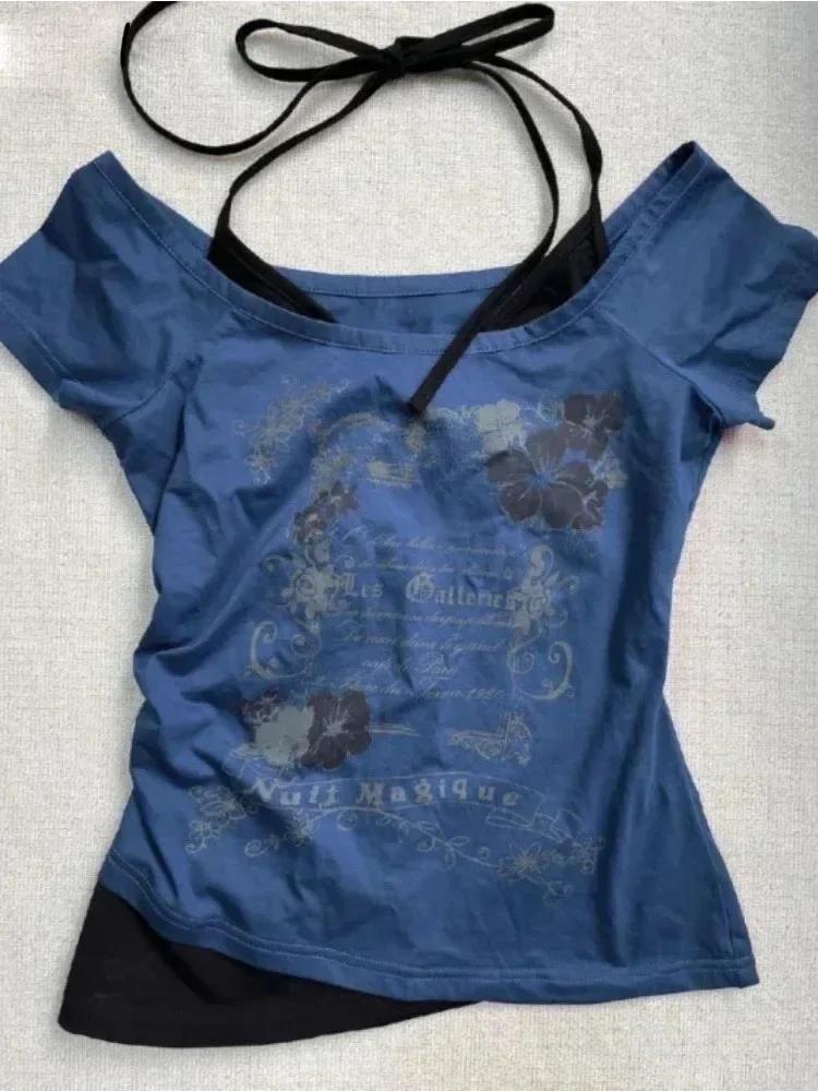 T-shirt Vintage Été 2026 Effet Deux Pièces Halter à Lacets Y2K Coupe Slim Imprimé Femme Épaules Dénu