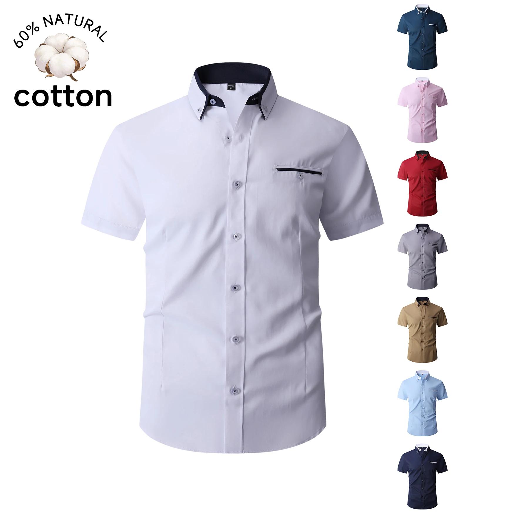 Chemise d'été en coton à manches courtes pour homme, chemise habillée formelle avec col contrastant 