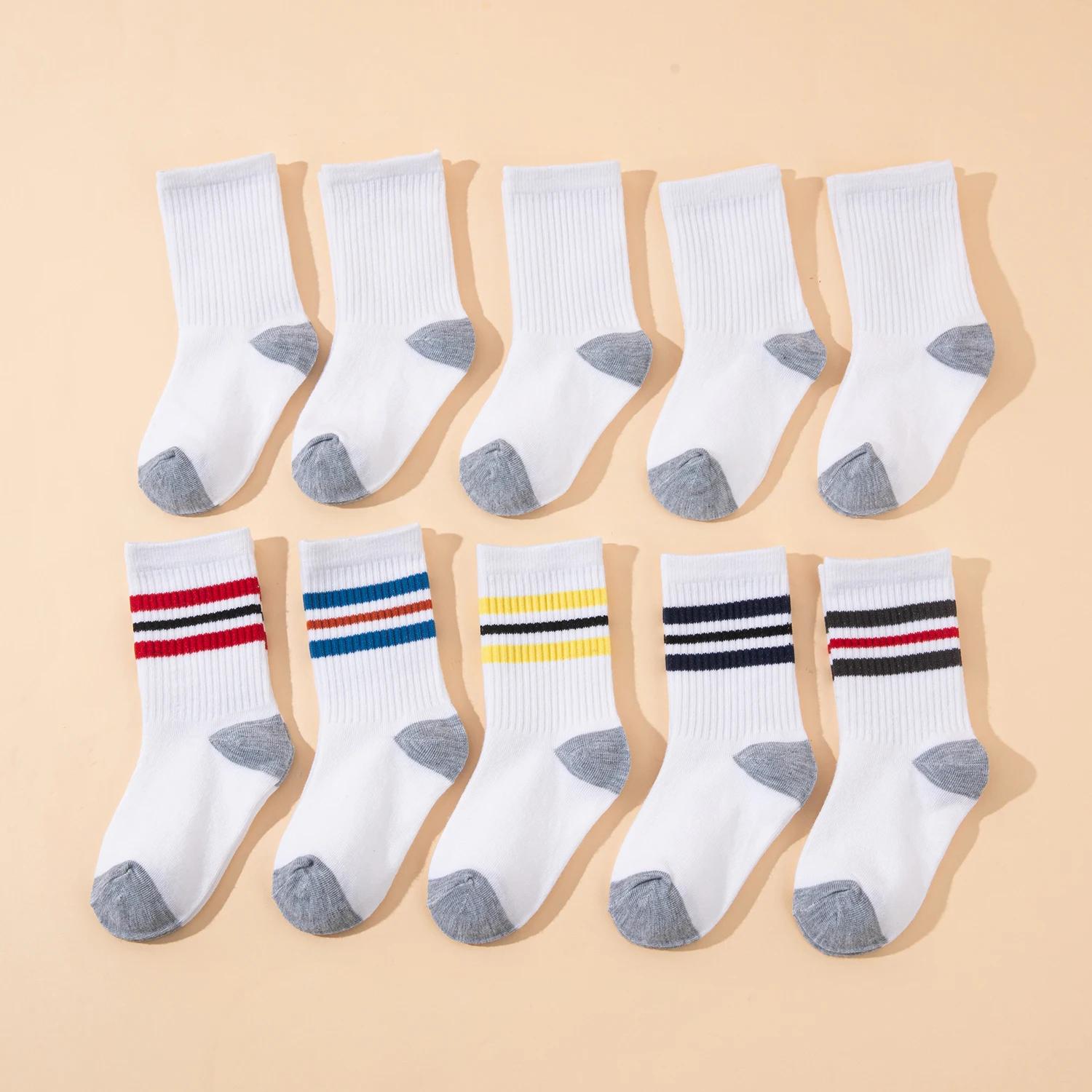 10 paires de chaussettes mi-mollet de sport pour enfants, design classique rayé et coloré, adaptées 