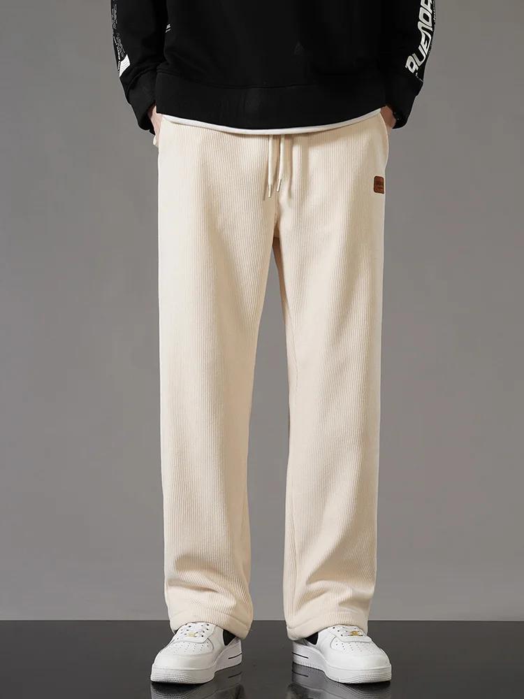 Hiver épais chaud velours côtelé pantalons de survêtement hommes doublure polaire cordon droit ample