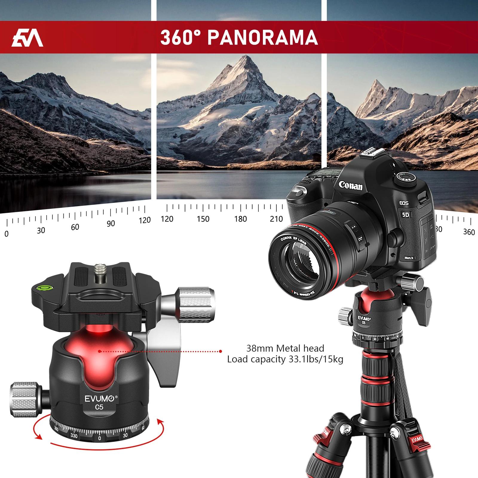EVUMO C5 Tête sphérique professionnelle 38 mm Grande tête sphérique 360 °   Tête de trépied panorami