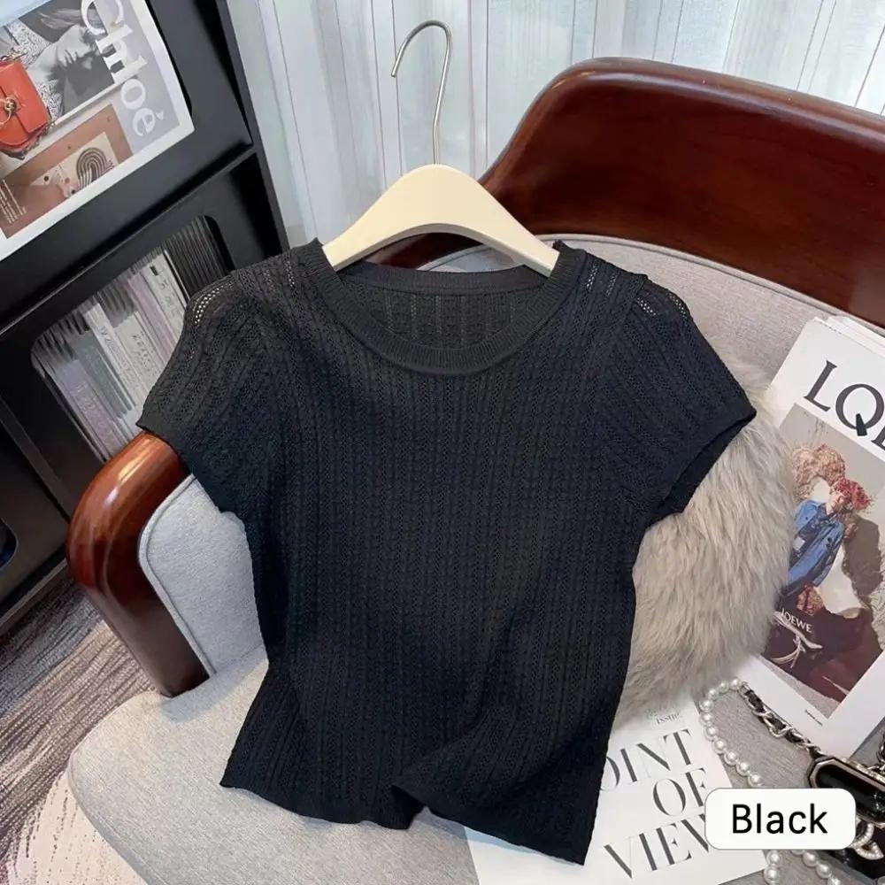 T-shirt tricoté élégant à points torsadés, chemise creuse en soie glacée à manches courtes, haut d'é