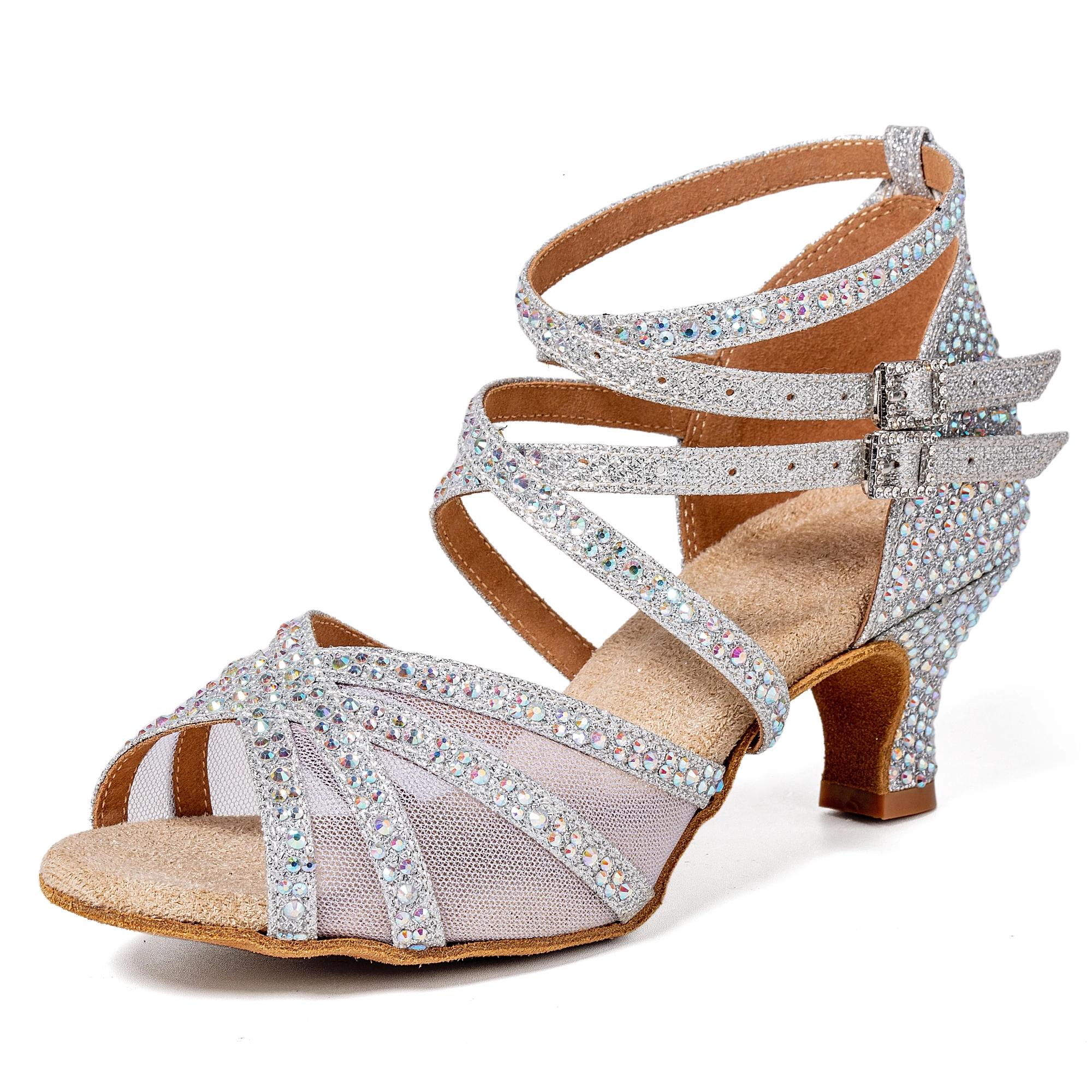 Chaussures de danse latine pour femmes adultes, paillettes argentées, talon de 5.5cm, quatre sangles