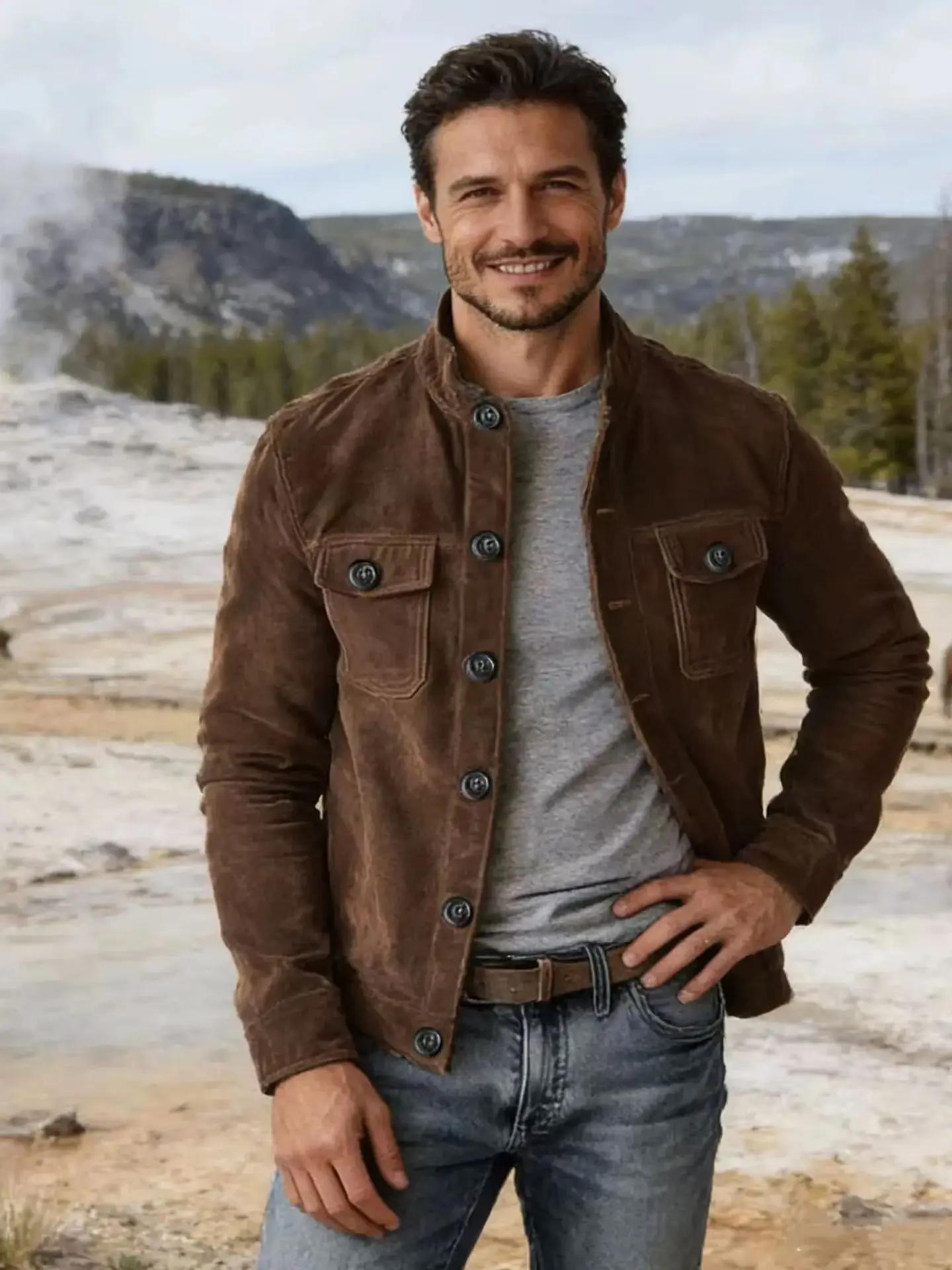 Veste de travail rétro en daim pour homme | Design à revers, style américain classique