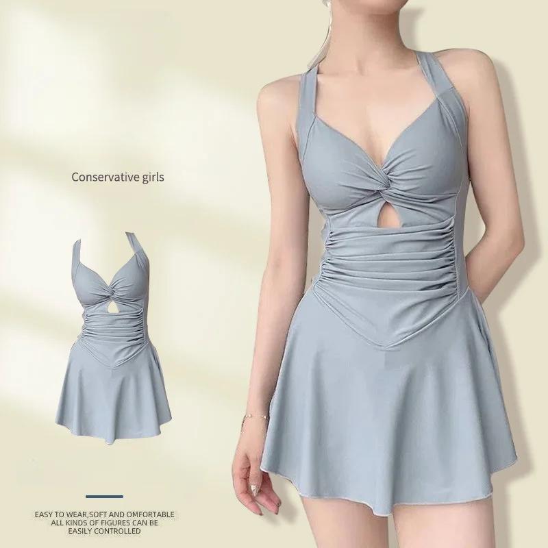 Maillot de bain une pièce femme amincissant couleur unie - Style conservateur serrage taille vacances plage