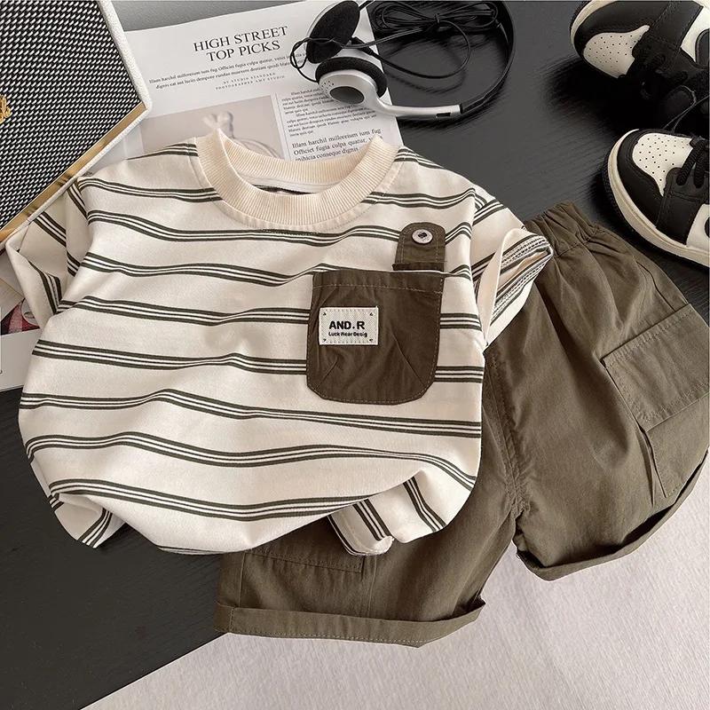Vêtements d'été pour enfants, costumes pour bébés garçons, t-shirt rayé avec poche, shorts, 2 pièces