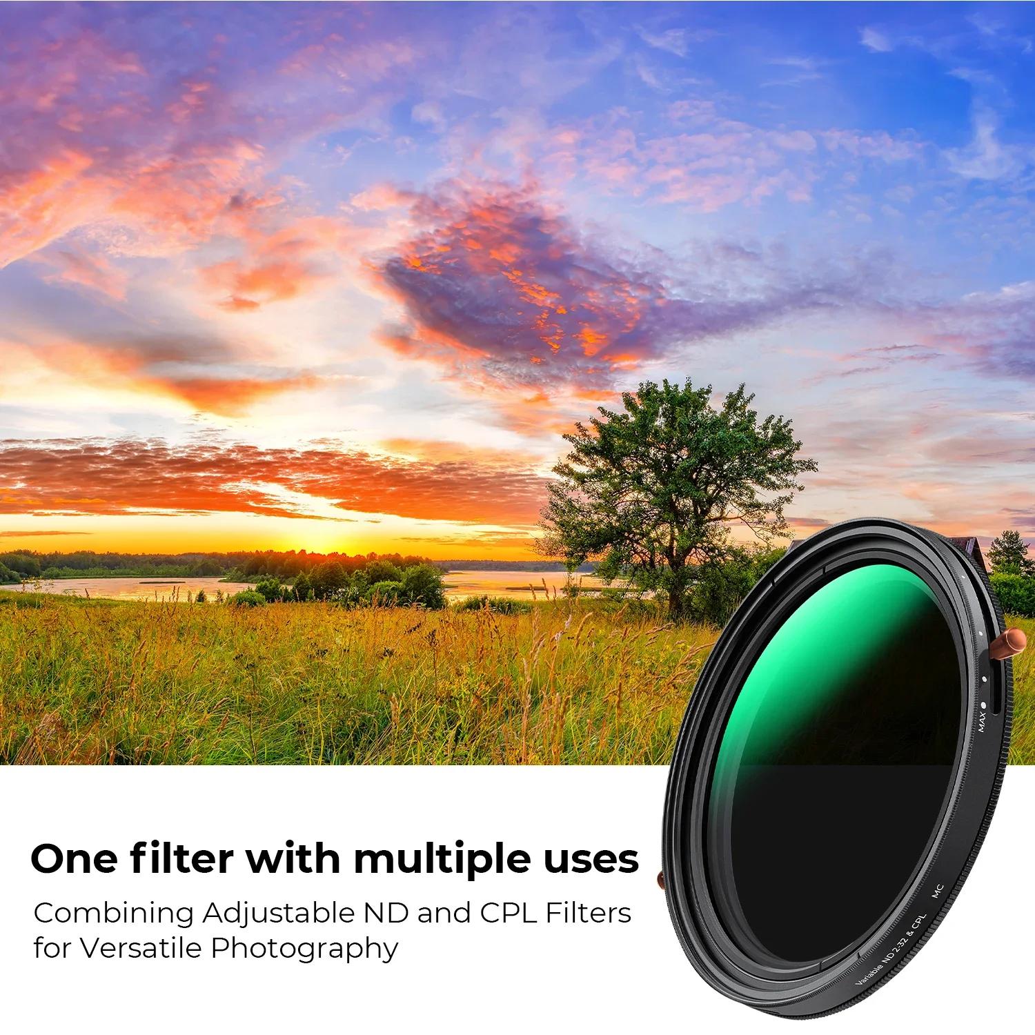 Filtre d'objectif 2-en-1 K&F CONCEPT ND & CPL ND2-ND32 (1-5 Stops) à densité neutre variable et pola