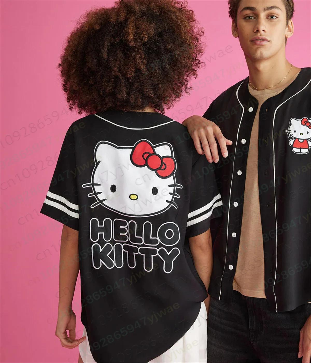 Maillot de baseball Hello Kitty classique à rayures, t-shirt à manches courtes avec motif de dessin 