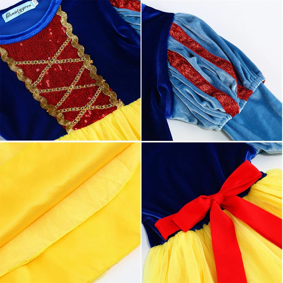 Robe de princesse Blanche-Neige pour Halloween, manches longues, en velours, costume pour enfants, f