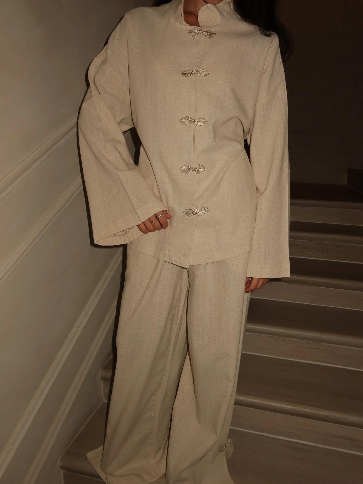 Ensemble pantalon long femme style chinois chic avec boutons grenouille, manteau à col montant simpl
