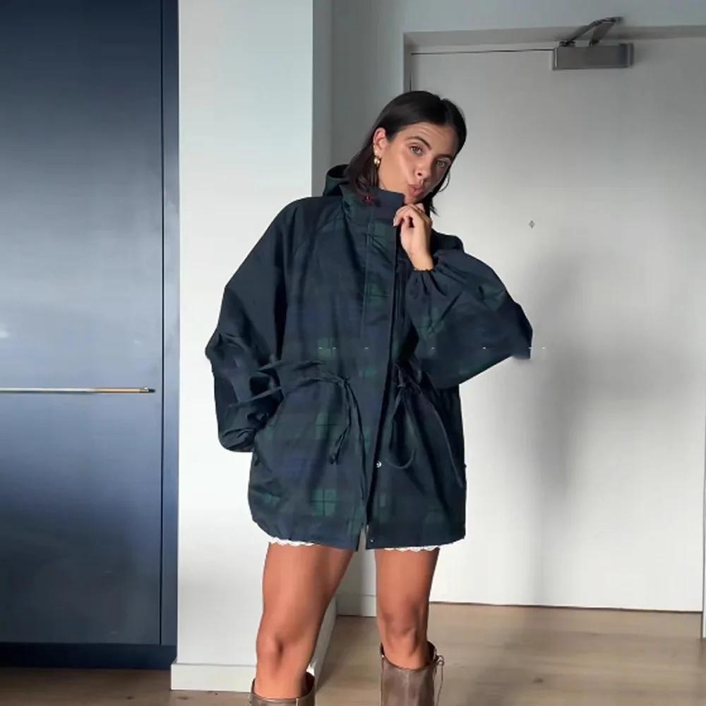 Veste rétro à carreaux pour femme, col montant, cordon de serrage à la taille, coupe-vent court à ca