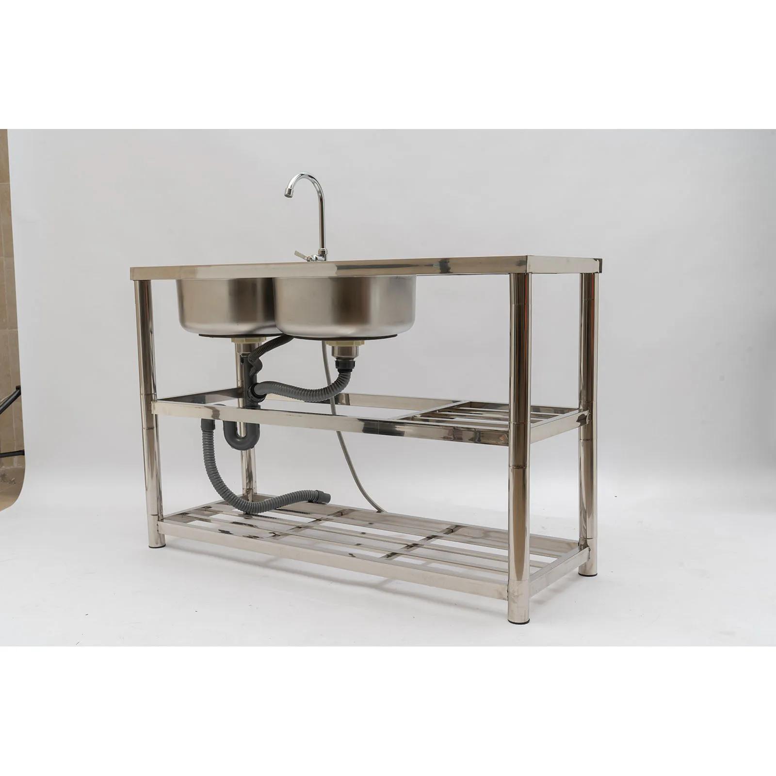 Évier utilitaire commercial en acier inoxydable, évier de cuisine à 2 compartiments avec table de pr