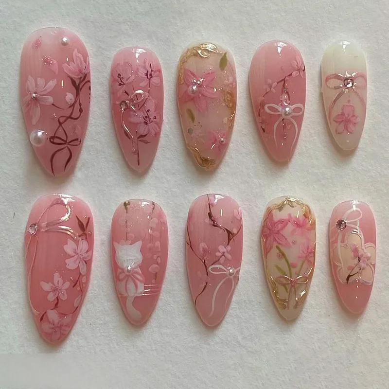24 faux ongles à presser de longueur moyenne, forme amande, motif floral 3D ondulé, couverture compl