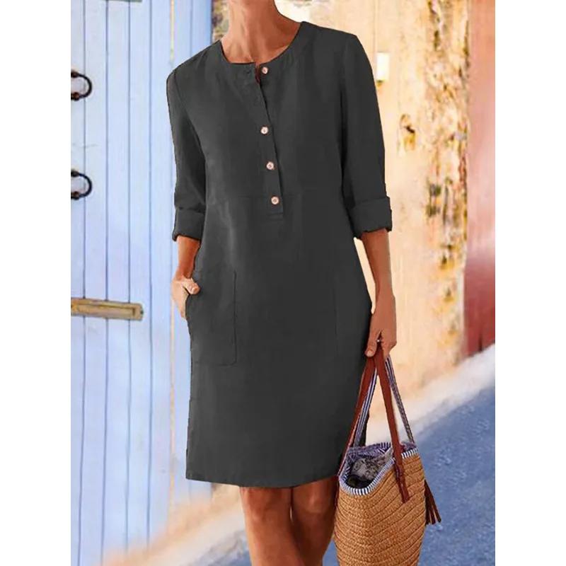 Robe tunique en coton et lin pour femmes, décontractée, solide, manches longues, Vintage, droite, ma