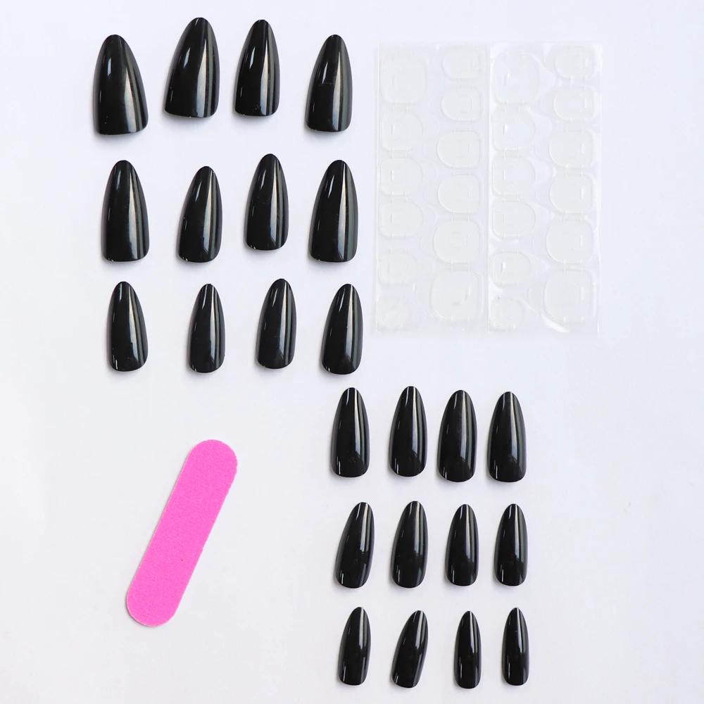 24 faux ongles artificiels en acrylique noir, tête carrée, longs femmes de Ballet, amovibles, pointe