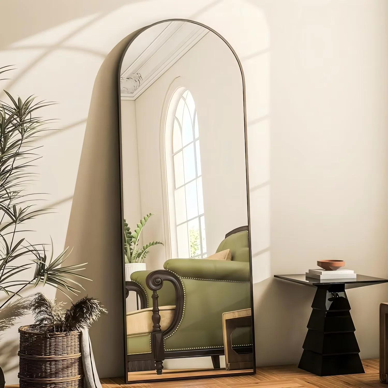 Miroir arqué pleine longueur, miroir de sol en arc avec support, miroir mural, miroir de face, dessu