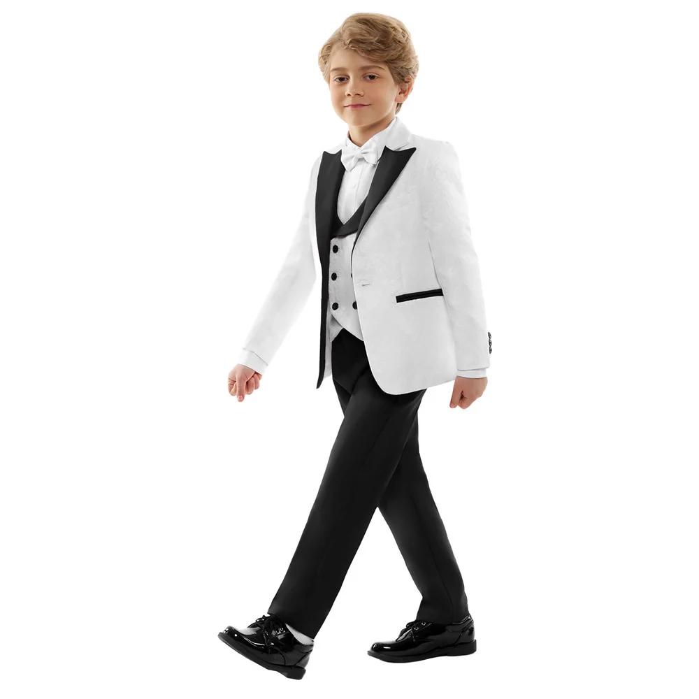 Costume formel élégant texturé blanc et noir pour enfants, smoking à fleurs pour garçon, pour mariag