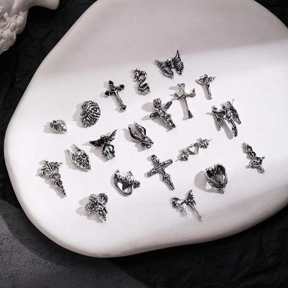 Mélange de styles pour Nail Art d'halloween, breloque croix argentée rétro 3D, décoration d'ongles p