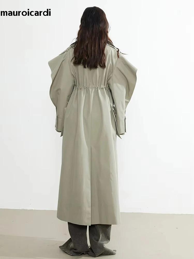 Mauroicardi-Manteau long à double boutonnage pour femme, pardessus élégant à volants, mode de piste,