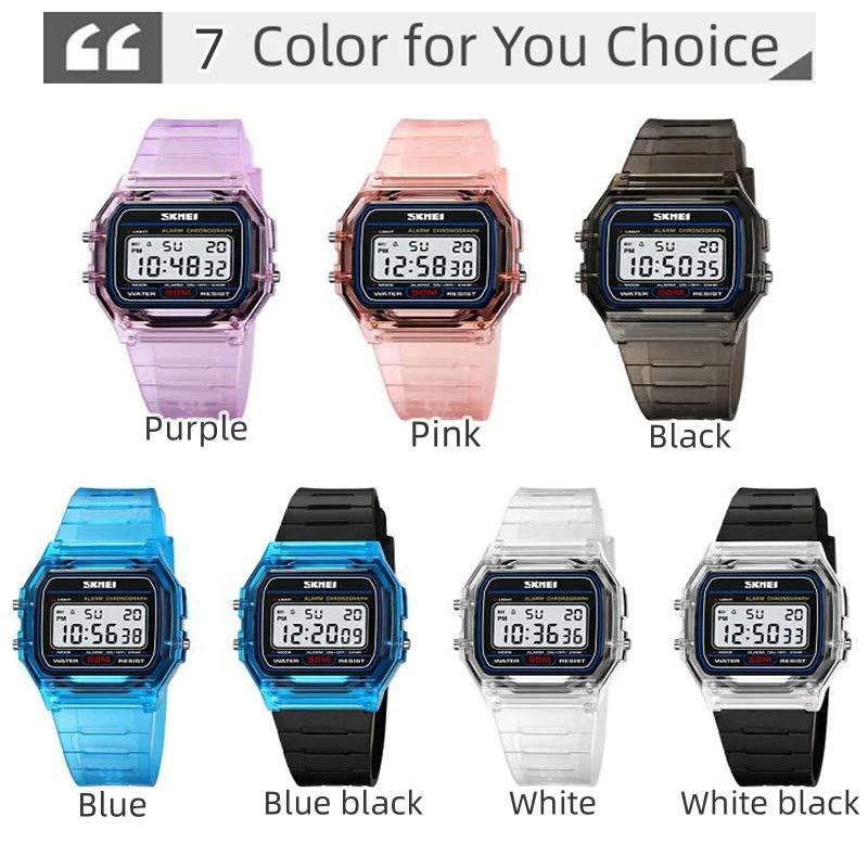 Skmei-Montres numériques étanches pour femmes, boîtier transparent, bracelet en TPU, LED, montre-bra