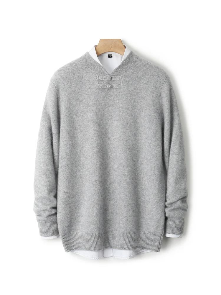 Nouveaux hommes 100% laine mérinos pull manches longues col montant pull cachemire doux disque boucl