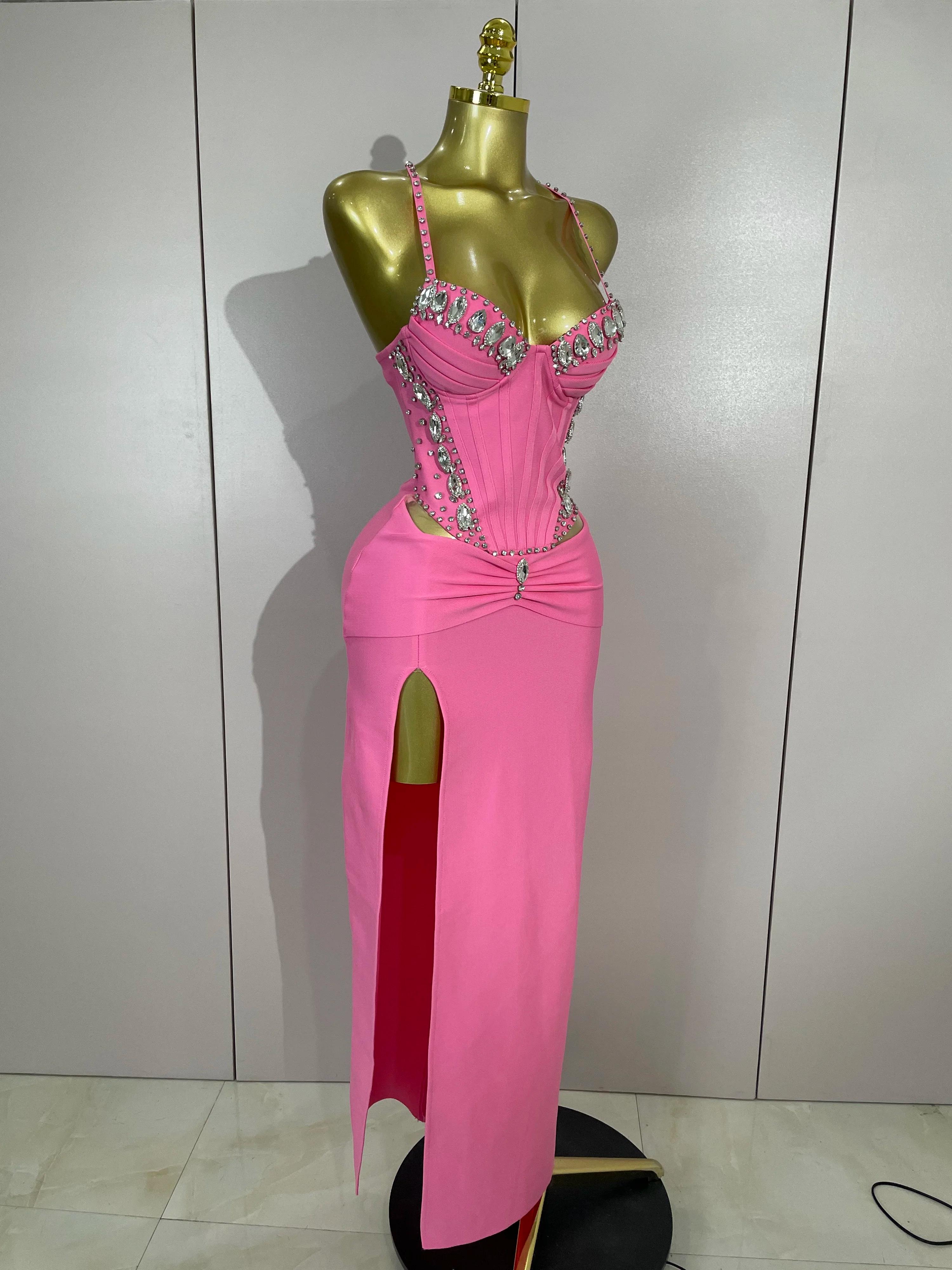 Robe à bandes rose, élégante, Sexy, dos nu, moulante, sans manches, pour femmes, bal, Club, soirée, 