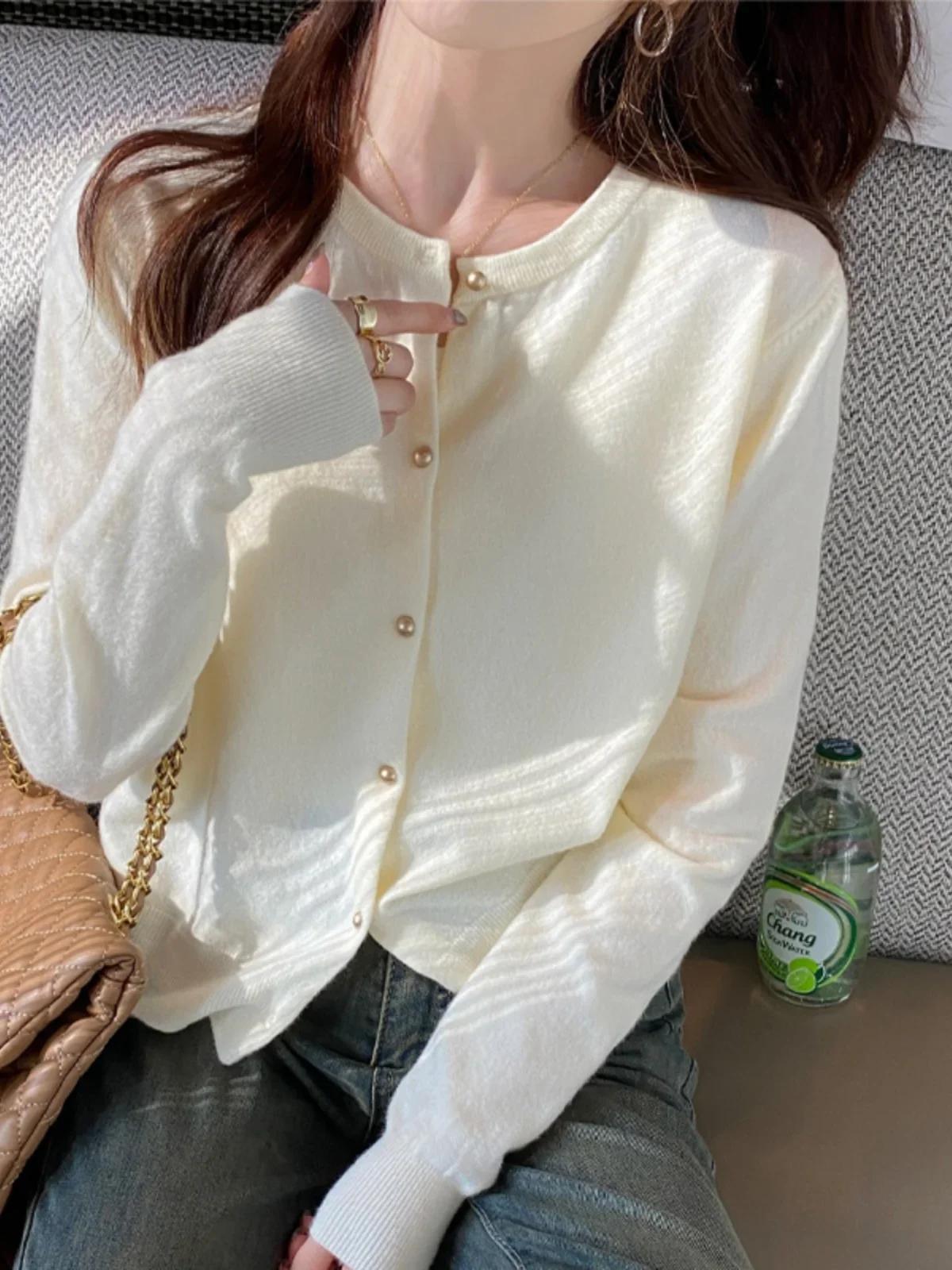 Cardigan tricoté de couleur unie pour femmes, coréen, simple boutonnage, manches longues, col rond, 
