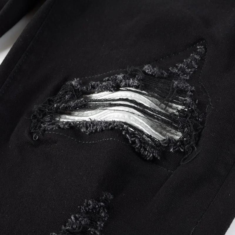 Jean de motard en cuir fissuré pour homme, pantalon en Denim Stretch, effilé, déchiré, Patchwork noi