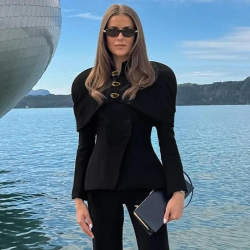 Trendix noir élégant Blazer pour femmes 2025 automne mode boutons dorés Patchwork veste manteau fête