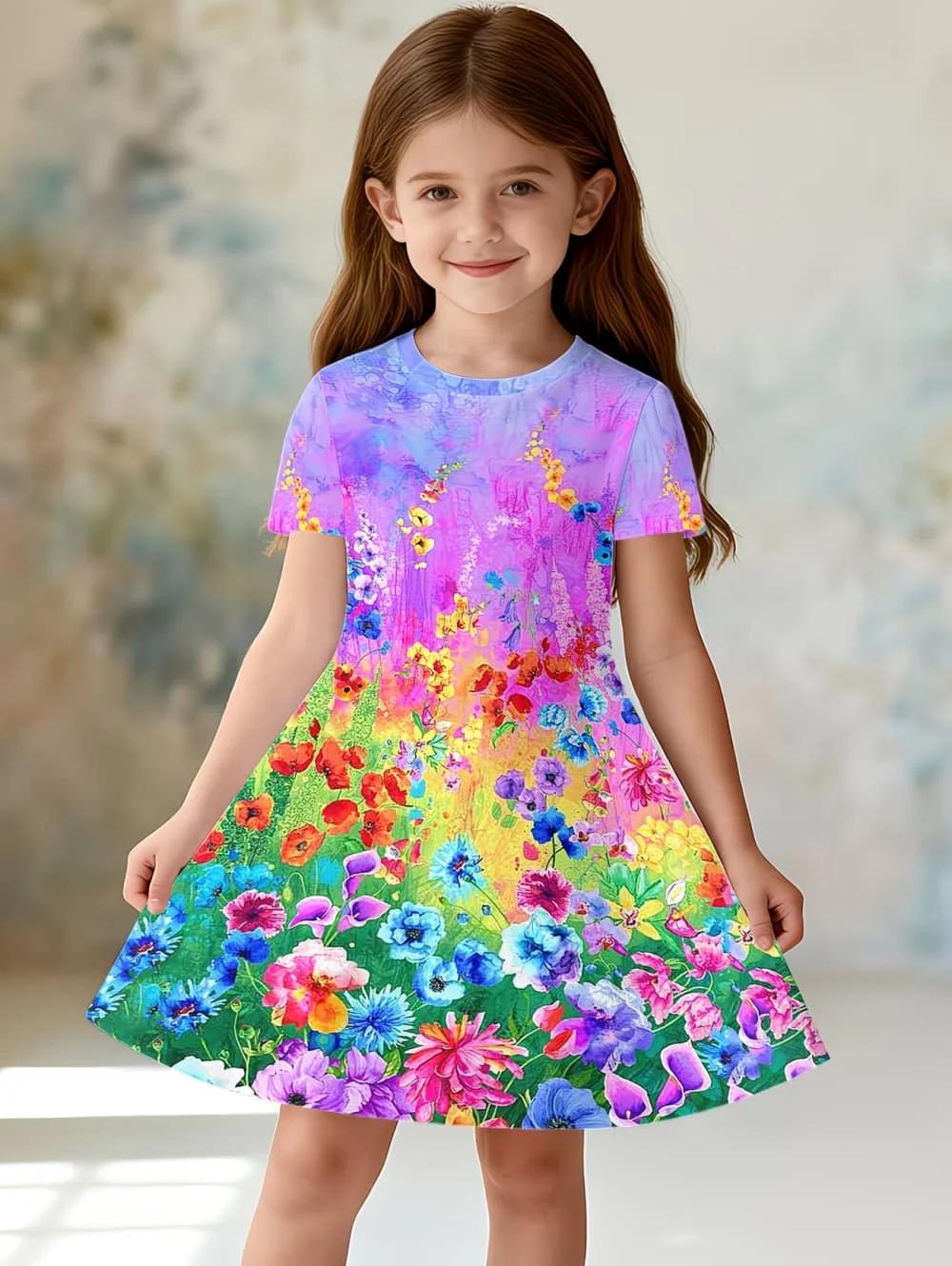 Robes pour filles, robe à manches courtes avec imprimé floral coloré, robe de princesse pour vacance