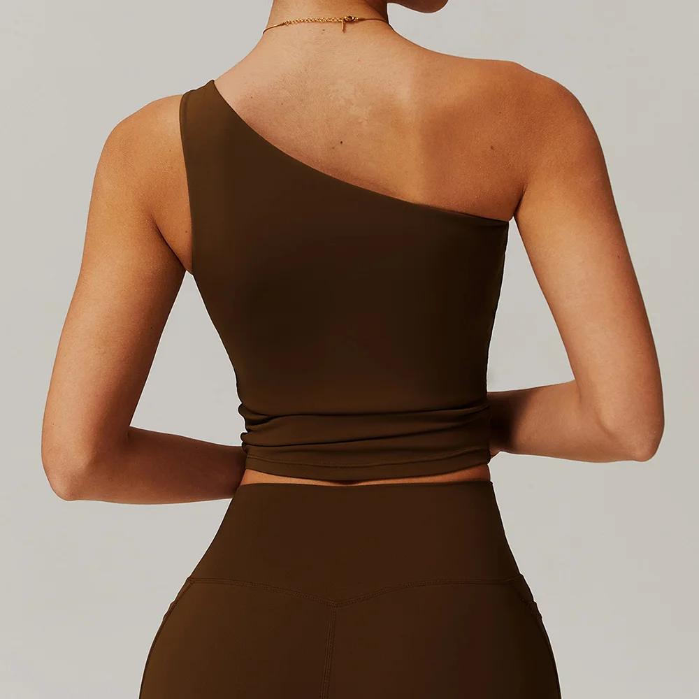 Soutien-gorge de sport push-up femme gilet asymétrique épaule dénudée fitness rembourré Yoga